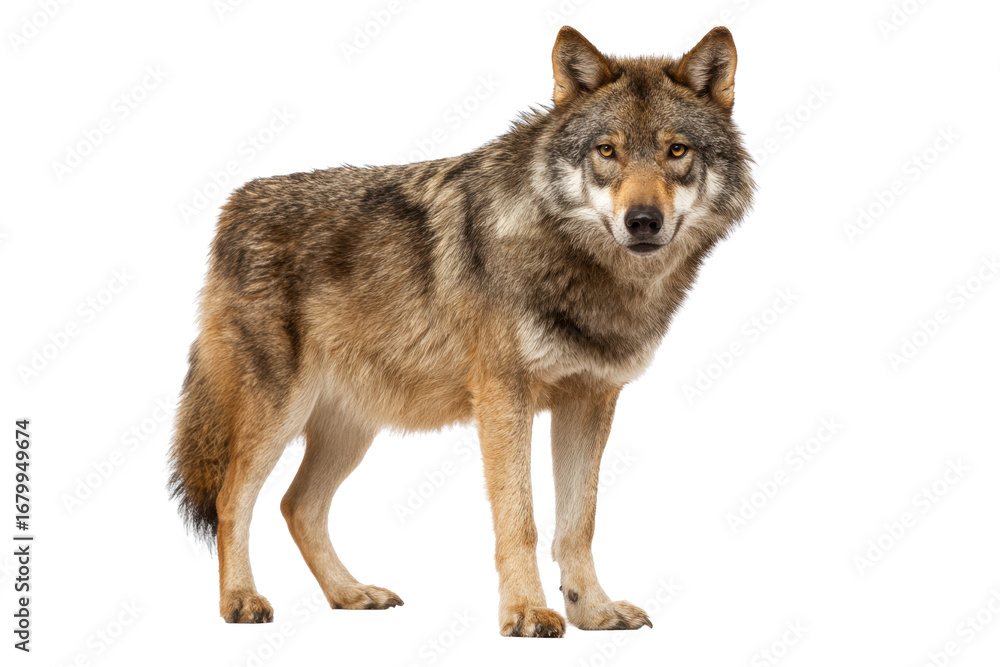 Fototapeta premium Male Gray Wolf on Transparent Background, Standing Portrait