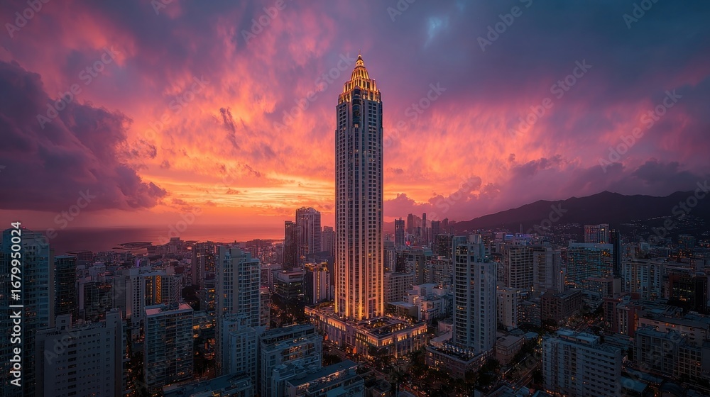 Obraz premium Skyscraper with a polished crown shining above a sea of rooftops, silhouetted against a fading sky