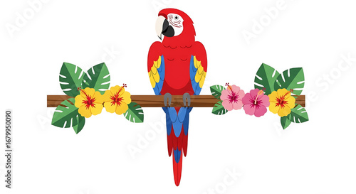 Illustration of Cartoon red parrot on a branch 