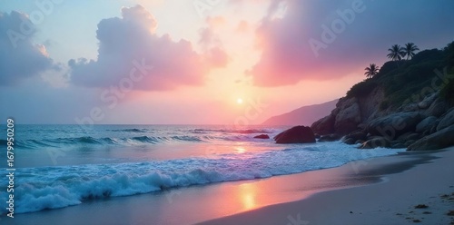 Serene coastal scene at dawn Misty sunrise paints the sky with soft pastels, reflecting on the tranquil ocean Perfect for travel, nature, and relaxation themes , rocks, cliff