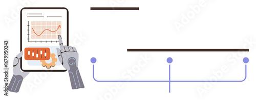 Robotic hands interacting with a tablet displaying a graph and gear symbol alongside a horizontal timeline. Ideal for data analysis, AI, technology, innovation, automation, robotics, futuristic