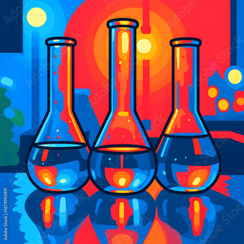 A vibrant abstract illustration of three glass conical flasks with black outlines, filled with blue liquids and colorful shapes, set against a dynamic red-orange background with reflections