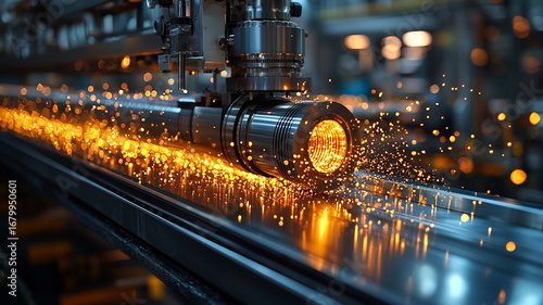Industrial Metalworking: Robotic Arm Machining Metal Rod with Sparks