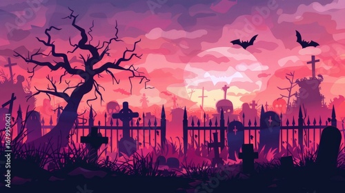 A halloween spooky background, graveyard fence silhouette with scary trees, cemeteries, bats. 