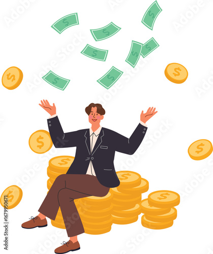 Wealthy man celebrating his success with money and coins