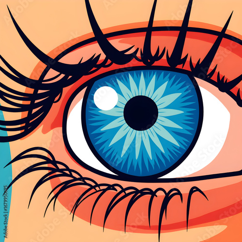 A bold pop art–style close-up of a blue human eye with thick lashes and eyebrow, outlined in black and set against a peach background with turquoise stripe, rendered in vibrant graphic colors