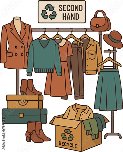 A large selection of vintage and trendy garments in a thrift shop, intended for recycling or resale to protect the environment