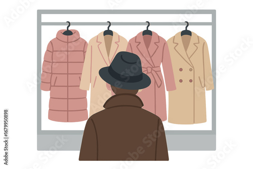 A back-view of a hat-wearing individual stands before a store window displaying a range of pink and beige coats, suggesting a winter fashion shop display