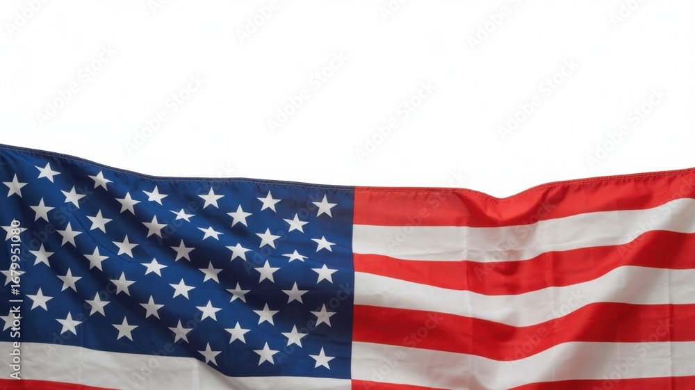 Obraz premium Closeup of an american flag waving isolated on white background, a symbol of patriotism and national pride