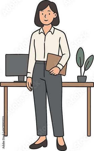 Individual in a white blouse and grey dress pants at the office