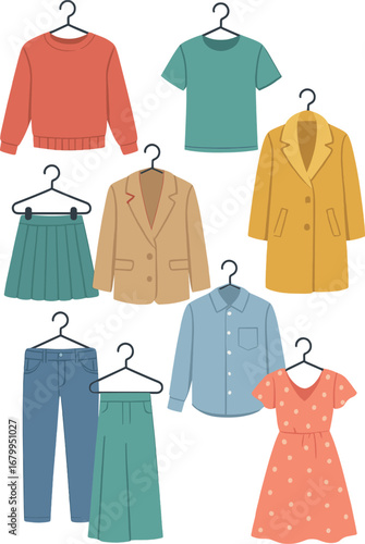 A selection of stylish garments displayed on hangers, isolated against a transparent background