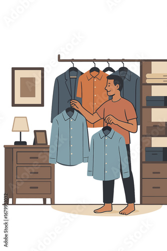In his bedroom, a man picks outfits from his wardrobe, which doubles as a storage room for his clothing collections, while he modernly chooses styles, hangs shirts, and curates his fashion and