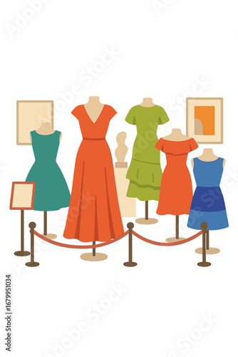 Colorful dresses were showcased at a contemporary fashion exhibition