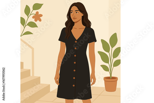 A beautiful brunette woman with tanned skin and natural makeup wears a black knitted cotton dress from the summer collection, styled with buttons, for a romantic date inside, surrounded by stairs