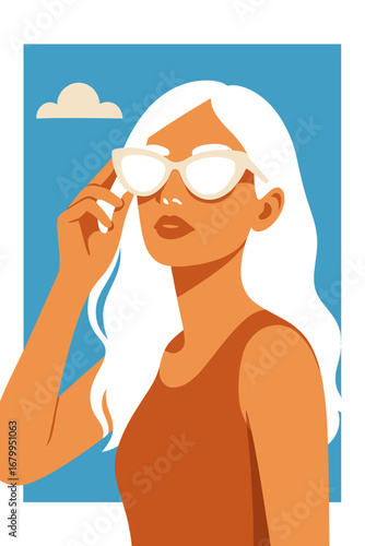 A brunette model poses with white sunglasses against a blue sky