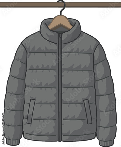 A chic gray puffer jacket hangs on an indoor rack