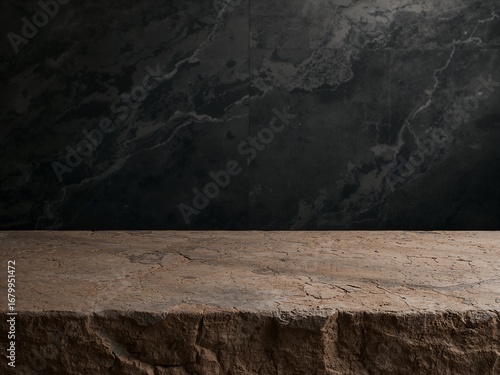 An empty stone table or rock ledge for product display, in front of a dark slate or marble wall background. Rustic podium.