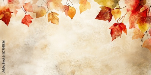 Autumn watercolor illustration. Leaves on an abstract textural background, copy space. Banner