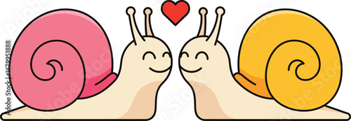 Two cute cartoon snails in love with a red heart floating between them, one with a pink shell and one with a yellow shell.