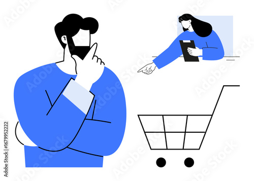 Man contemplating next action, shopping cart symbolizing e-commerce, while a woman with a tablet gestures toward an item. Ideal for business decision-making, e-commerce, online shopping, analysis