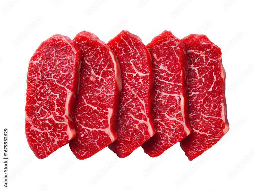Fototapeta premium Five strips of premium raw boneless short rib (Karubi) with stunning, Wagyu-like marbling. Perfectly cut for Japanese Yakiniku and gourmet grilling.