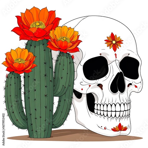 Day of the Dead Skull with Blooming Saguaro Cactus Flowers.