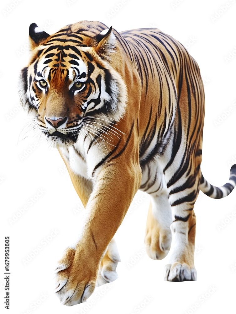 Obraz premium Majestic Bengal Tiger in Action: Stunning Striped Predator in its Natural Habitat - Wildlife Conservation and Biodiversity Insight