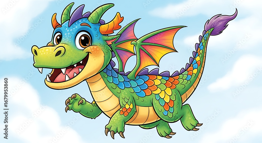 Naklejka premium A cheerful and vibrant cartoon dragon with colorful scales and wings smiles while flying against a bright blue sky.