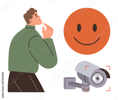 Man pondering, large happy face, surveillance camera capturing gaze. Ideal for privacy, surveillance, technology, emotions, monitoring human behavior and ethics themes. Simple flat metaphor