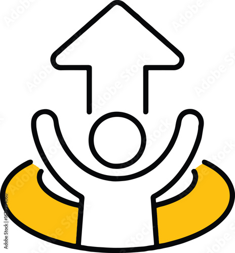 Vector art of person with arms raised in a yellow circle with an arrow pointing up, , symbolizing success, achievement, and growth in a simple and modern design