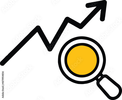 Vector art of an upward trending arrow with a magnifying glass, , representing business analysis, market growth, and financial progress in a simple and modern design