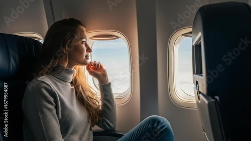 Young Woman Enjoys Scenic View from Airplane Window While Traveling