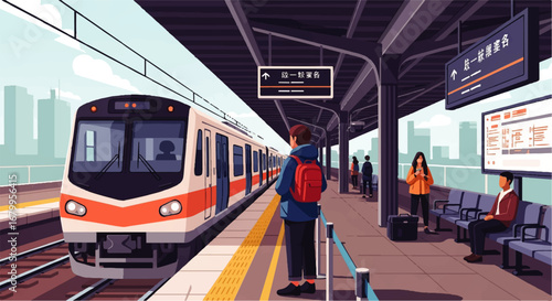 A commuter with a backpack waits patiently at a modern train station platform, observing a train arriving on a bright, clear day.