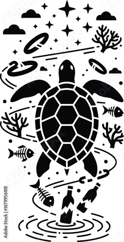 A sea turtle swims through polluted ocean waters, surrounded by plastic waste and dead fish.
