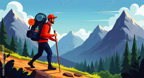 A bearded hiker with a large backpack confidently ascends a mountain trail, enjoying the breathtaking panorama of majestic peaks under a bright sunny sky.
