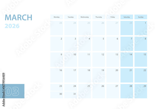Calendar template for the March 2026, the week starts on Monday. The calendar is in a blue color scheme.