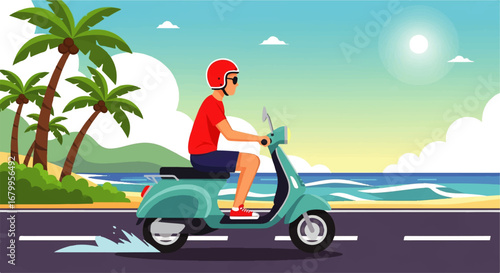 A man rides a teal scooter along a coastal road, enjoying the sunny beach and palm trees under a vibrant sky.