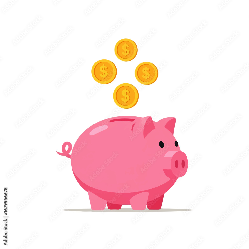 Obraz premium A pink piggy bank receives four gold coins against a white background, symbolizing savings and financial growth.