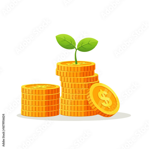 A small plant sprouts from a stack of gold coins, symbolizing growth, investment, and financial prosperity.