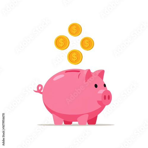 A pink piggy bank receives four gold coins against a white background, symbolizing savings and financial growth.
