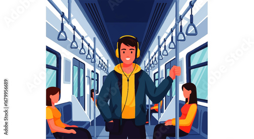 A smiling young man, wearing headphones, stands on a crowded subway car, enjoying his commute.