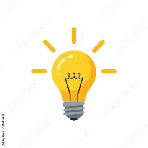 A bright yellow lightbulb glows brilliantly against a white background, symbolizing a sudden burst of inspiration and innovative thinking.