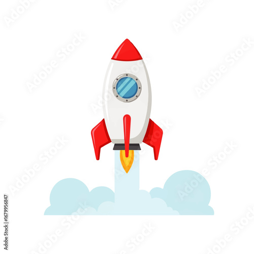 A red and white rocket ship blasts off, leaving a trail of smoke against a white background, symbolizing a dynamic launch and ambitious journey.