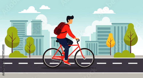 A young man with a backpack rides a red bicycle along a city street, enjoying a sunny day's commute.