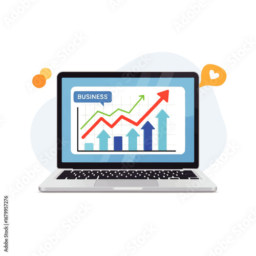 Laptop displaying upward trending business graph indicating growth and success, showcasing positive financial progress.
