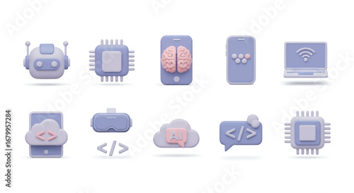 Collection of digital technology elements representing artificial intelligence and cloud computing on a clean white surface, showcasing innovation and connectivity.