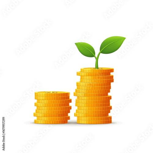 A small plant sprouts from a tall stack of gold coins, symbolizing growth and financial prosperity against a clean white background.