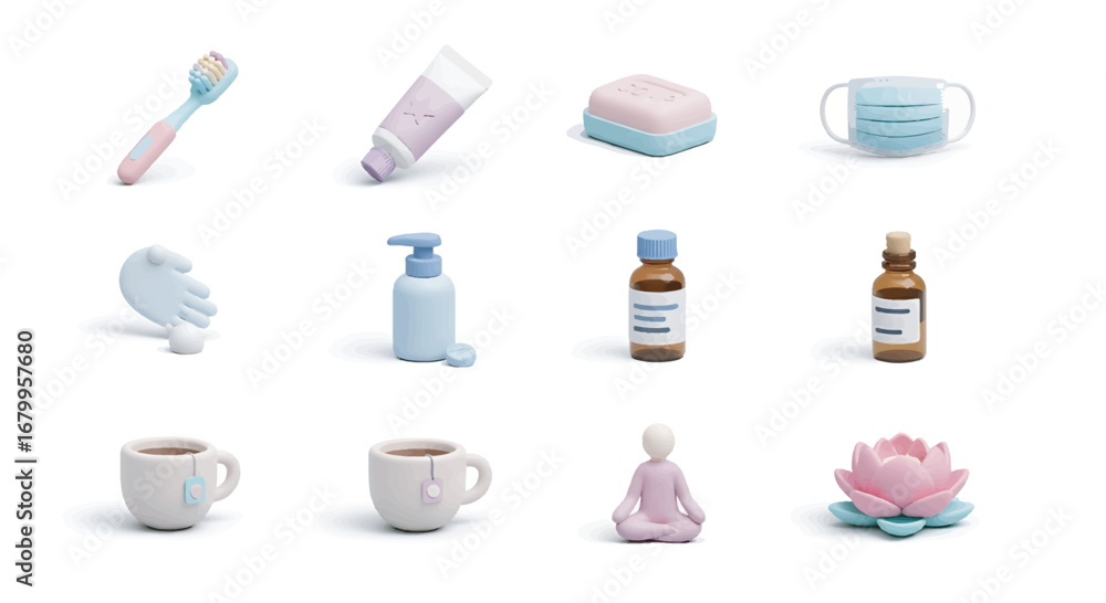 Obraz premium Collection of hygiene and wellness items arranged on a white surface representing selfcare and healthy lifestyle with a calm and peaceful mood.