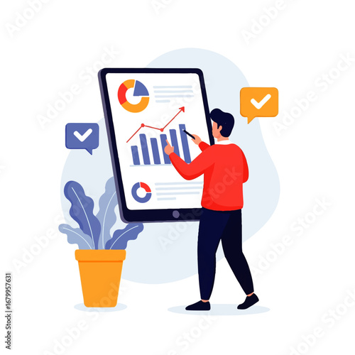 A man analyzes upward trending bar and pie charts on a large tablet, showcasing positive business growth and success.