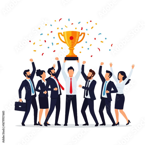A jubilant business team celebrates a victory, raising a golden trophy amidst a shower of confetti, symbolizing success and achievement.
